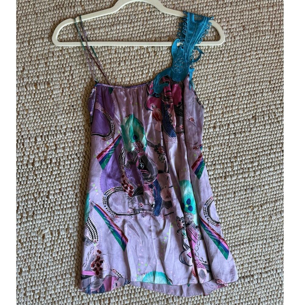 VTG Y2K Custo Barcelona Silk Tank Top Asymmetrical Lace Strap Abstract Print S-M
